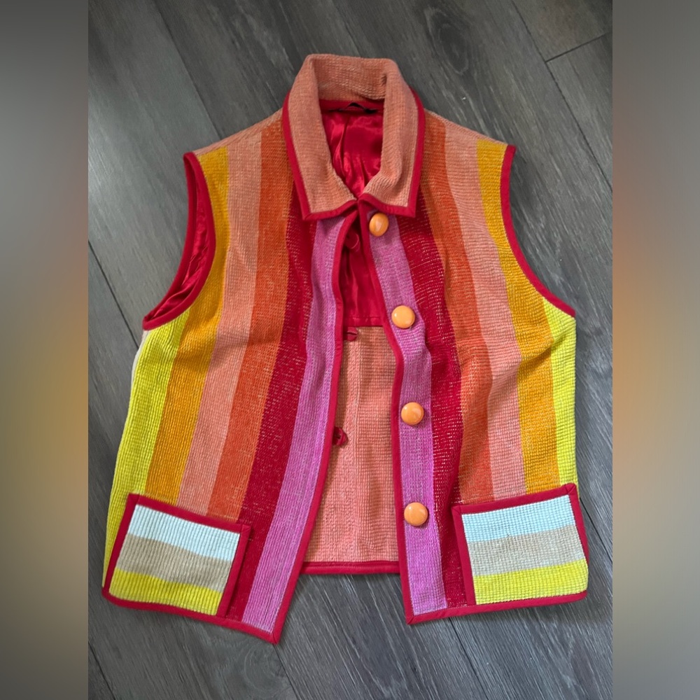 Colorblock Striped Knit Vest - Pink, Red, Orange, Yellow
